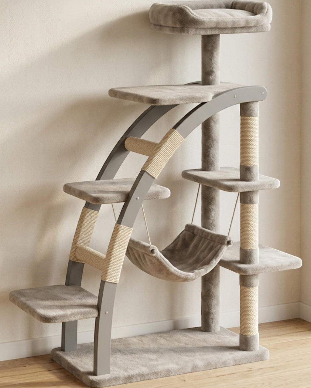 Vildo Arched Ladder Cat Tree 5 Platform with Hanging Basket 130 cm Greige - Lifestyle view