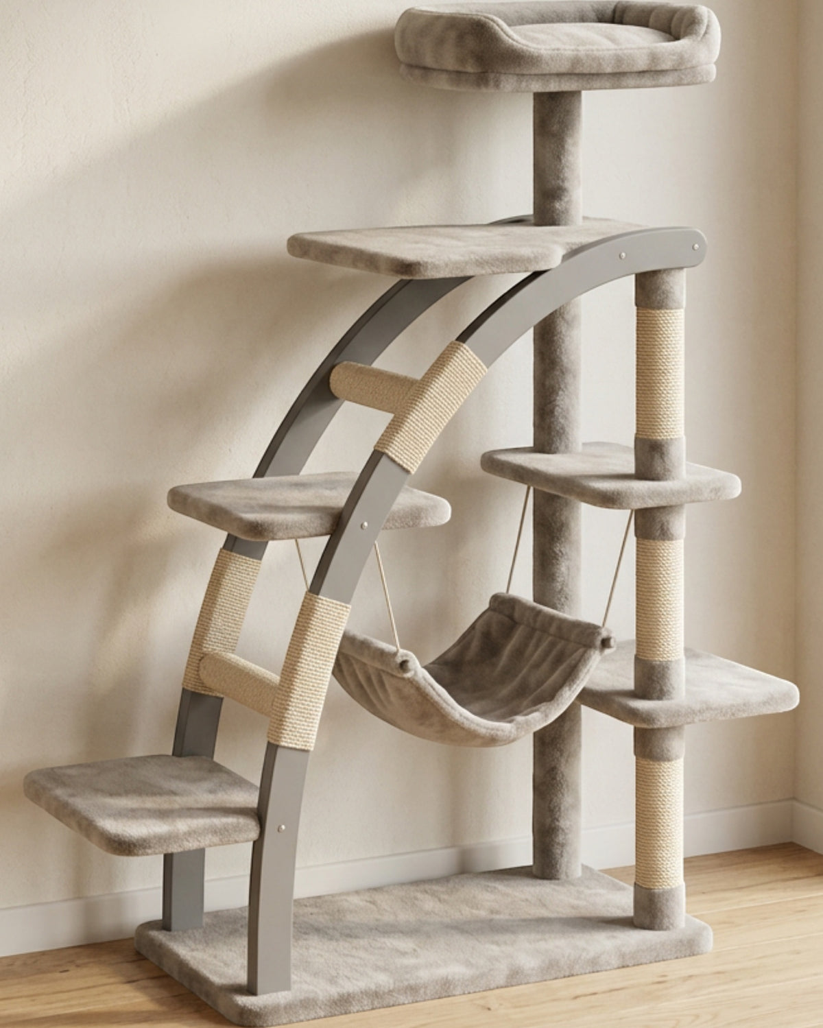 Vildo Arched Ladder Cat Tree 5 Platform with Hanging Basket 130 cm Greige - Lifestyle view
