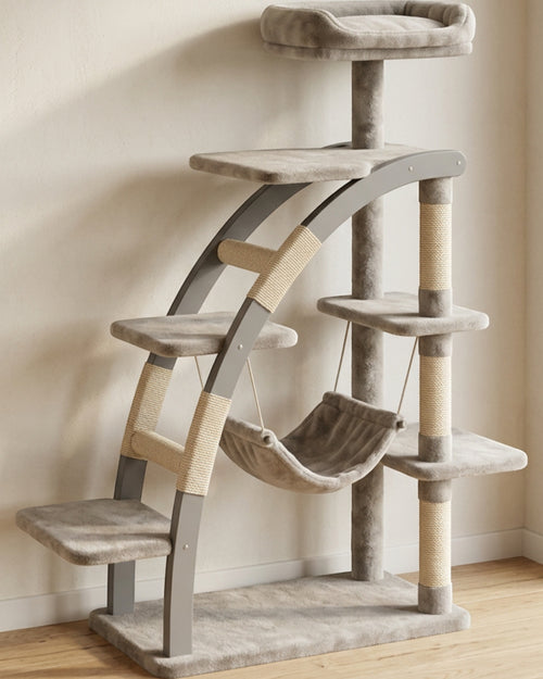 Vildo Arched Ladder Cat Tree 5 Platform with Hanging Basket 130 cm Greige - Lifestyle view