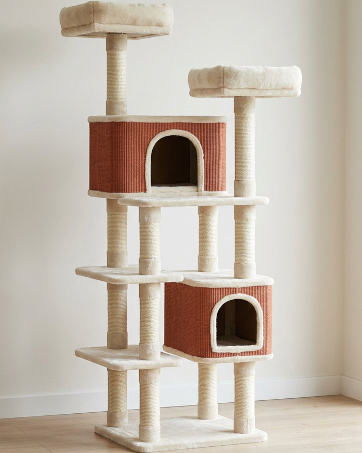 Vildo Double-Condo Cat Tower 6 Platform 160 cm Terracotta Cream - Lifestyle view