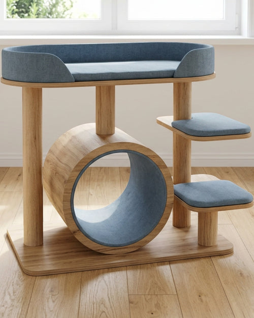 Vildo Wide Tunnel Cat Tree with Oval Upper Bed 105 cm Natural Blue - Lifestyle view