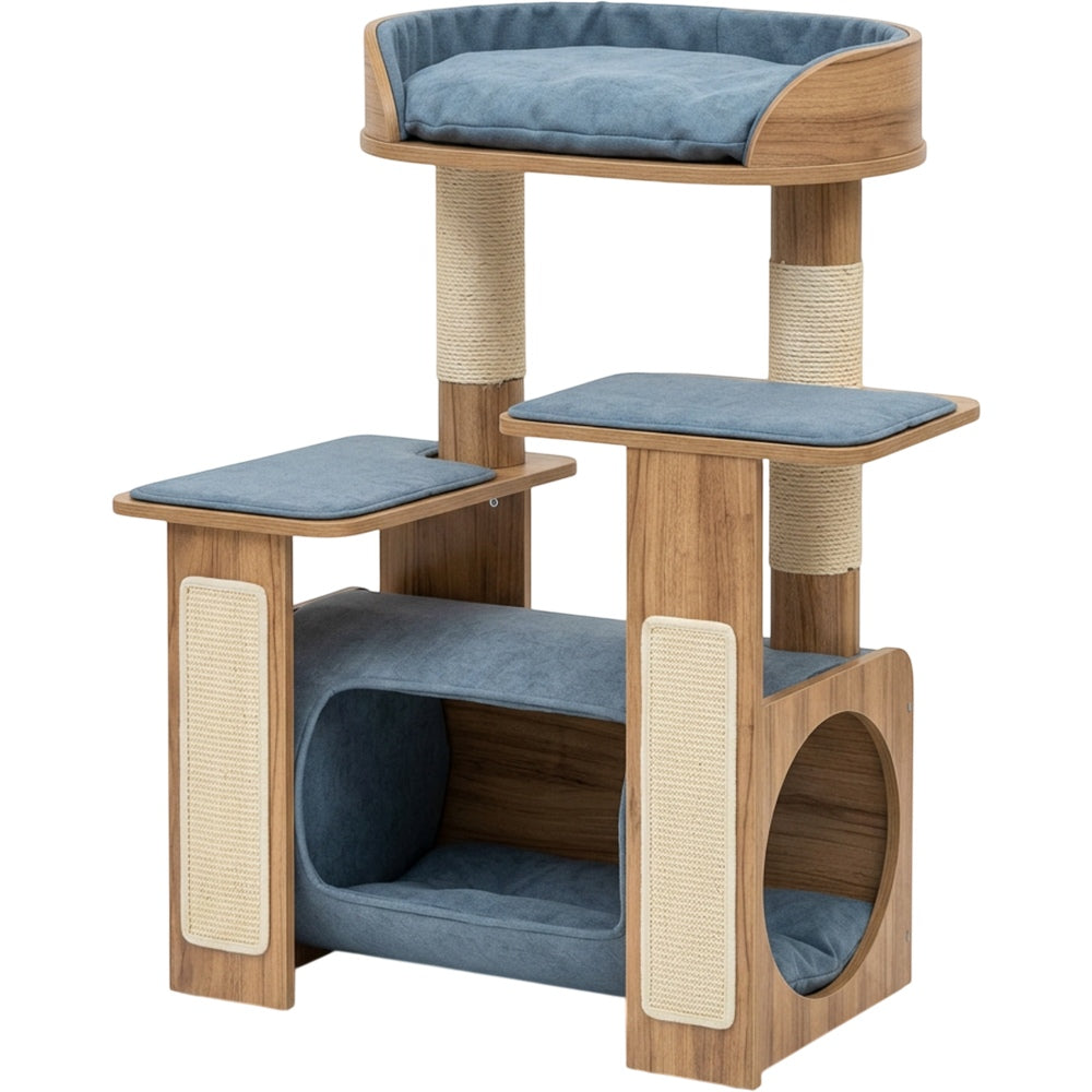 Vildo Wide Tunnel Cat Tree with Oval Upper Bed 105 cm Natural Blue - Product view